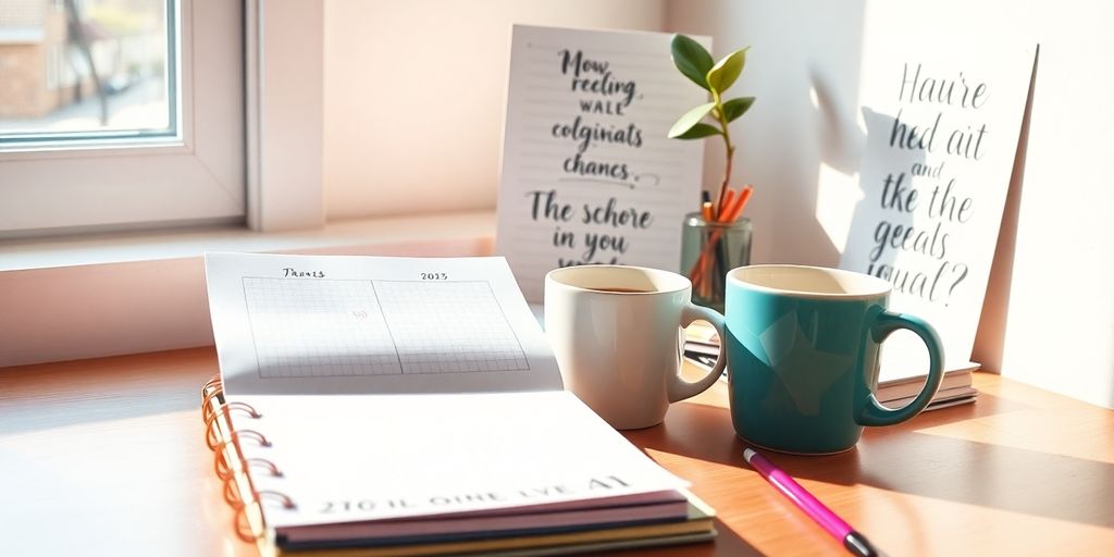 A bright workspace with a planner and coffee cup.