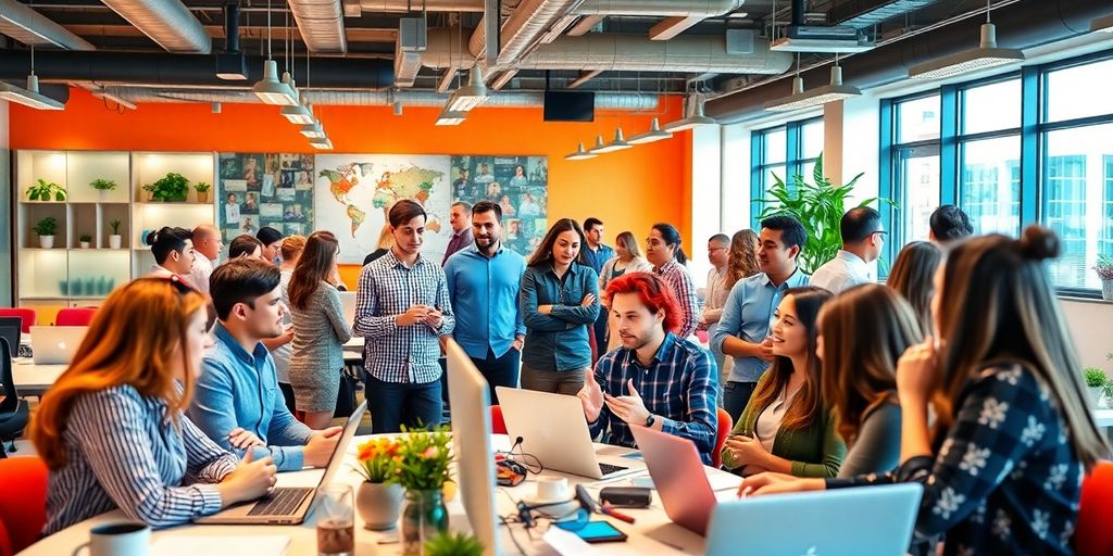 Diverse team collaborating in a modern office environment.